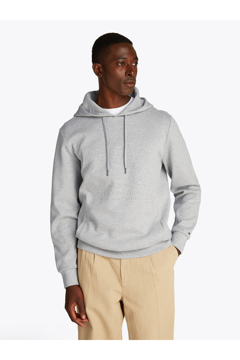 Tommy Hilfiger Men Light Grey Heather Logo Embossed Long Sleeves Hoodie