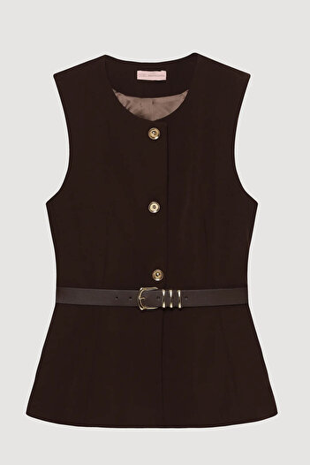 Quzu Women's Vest with Crew Neck Belt Ylk00163 Brown