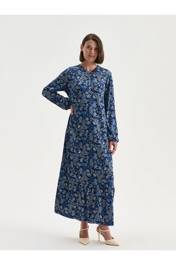 LC Waikiki Navy Blue Plus Size Crew Neck Floral A-Line Dress