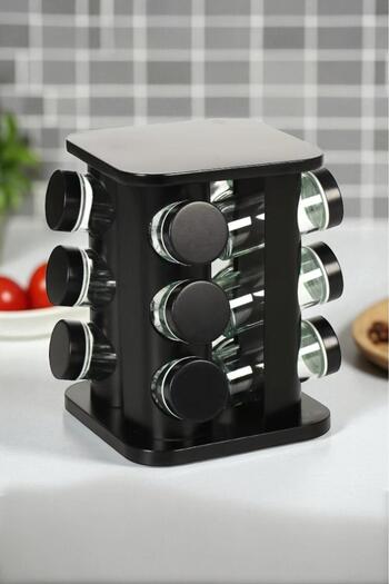 Sezka Life Metal Glass Spice Rack Set with 360 Degree Rotating Stand, Glass Spice Rack Set with Labels, Black