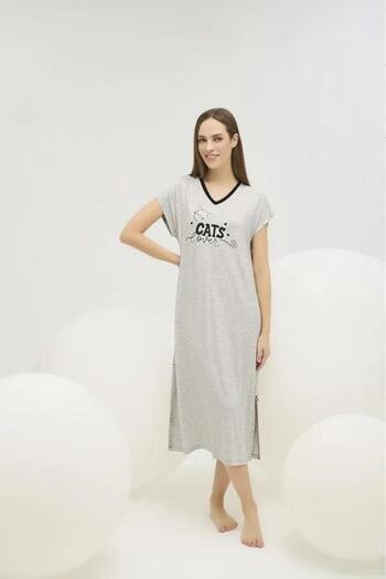 Sevim 16542 Gray Lover Cats Half Sleeve Oversized Plus Size Nightgown