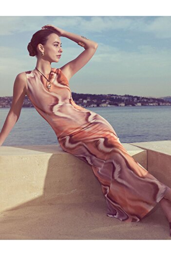 Koton X Sima Tarkan - Half-Lined Patterned Crew Neck Sleeveless Midi Tulle Dress