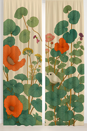 Else Dekor Vintage Nature Flowers Patterned Double Winged Backdrop Curtain Suede Living Room Lounge Kitchen 140X260Cm