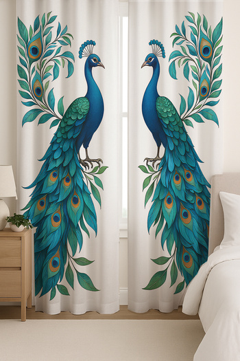 Else Dekor Blue Peacock Patterned Double Winged Backdrop Curtain Suede Living Room Hall Kitchen 140X260Cm