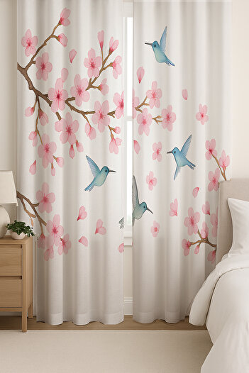 Else Dekor Spring Themed Pink Flower Birds Patterned Double Winged Backdrop Curtain Suede Living Room Hall Kitchen