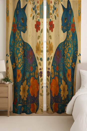 Else Dekor Vintage Cat Flower Pattern Double Winged Backdrop Curtain Suede Living Room Hall Kitchen 140X260Cm