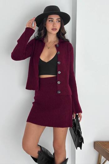 ZISHAN Ribbed Knit Set: Knitwear Cardigan & Mini Skirt Set of Two 8009