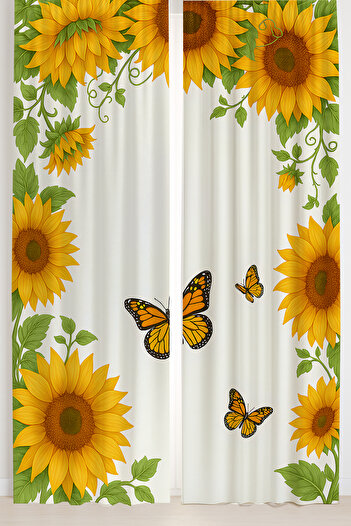 Else Dekor Sunflower Flowers Patterned Double Winged Backdrop Curtain Suede Living Room Hall Kitchen 140X260Cm