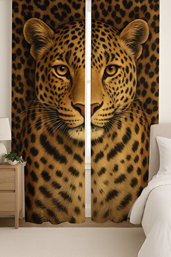 Else Dekor Leopard Patterned Double Winged Backdrop Curtain Suede Living Room Hall Kitchen 140X260Cm