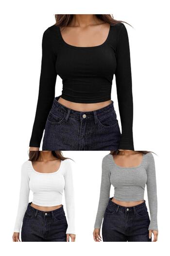 ÖZ PAMUK Women's 3-Piece Square Neck Ribbed Camisole Crop Long Sleeve Blouse