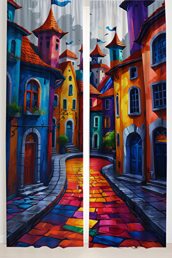 Else Dekor Colorful Street View Patterned Double Winged Background Curtain Suede Living Room Hall Kitchen 140X260Cm