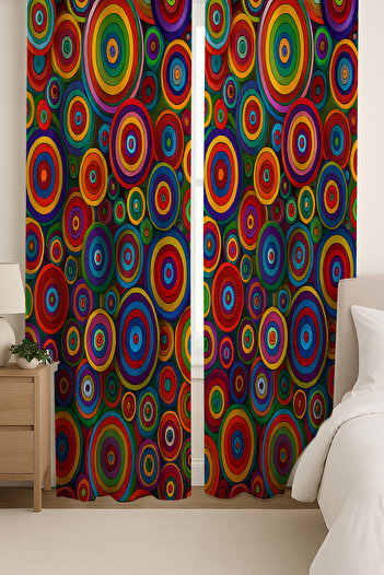 Else Dekor Colorful Retro Ring Patterned Double Winged Backdrop Curtain Suede Living Room Hall Kitchen 140X260Cm