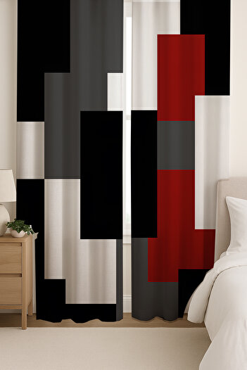 Else Dekor Red Black Gray Block Geometric Patterned Double Winged Backdrop Curtain Suede Living Room Hall Kitchen