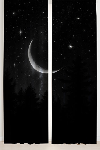 Else Dekor Night View Moon and Star Pattern Double Winged Background Curtain Suede Living Room Hall Kitchen 140X260Cm