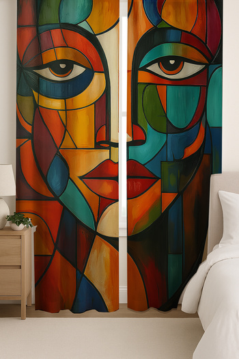 Else Dekor Abstract Face Pattern Double Winged Backdrop Curtain Suede Living Room Lounge Kitchen 140X260Cm