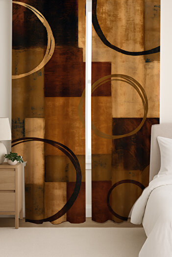 Else Dekor Brown Geometric Circle and Square Patterned Double Winged Backdrop Curtain Suede Living Room Hall Kitchen