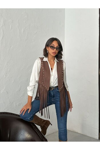 Lady Pixie Pearl Detailed Tasseled Suede Vest