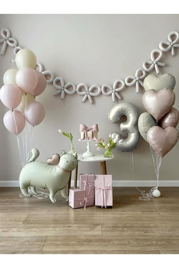 Çemrek Süs Parti 3 Year Old Birthday Set Cat Foil Balloon Sausage Balloon Heart Foil Balloon 27 Pieces