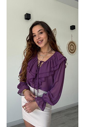 modadagiyim Women's Shirred and Sleeve Detailed Ruffled Tie-Up Chiffon Shirt Blouse