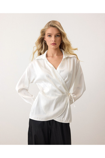 Lusin Women's White Side Tie Long Sleeve Premium Satin Shirt