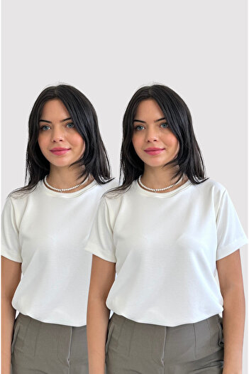 BELTICHA 2-Piece Short Sleeve Bodysuit Comfortable Crew Neck Flexible Bodysuit Cream Color