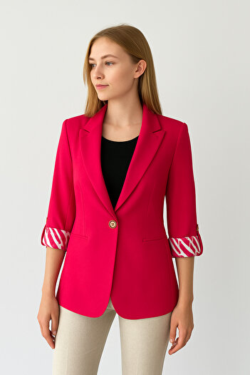 ribana Women's Lined Sleeve Detailed Buttoned Large and Regular Size Blazer Jacket -C409