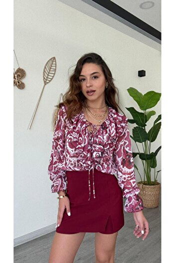 modadagiyim Women's Shirred and Sleeve Detailed Ruffled Tie-Up Patterned Chiffon Shirt Blouse