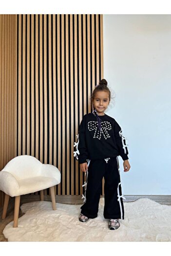 Magu Girl's Cotton Black Bowknot Pearl Ribbon Detailed Tracksuit Set
