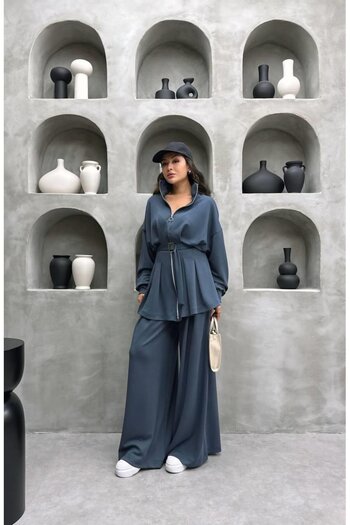Cardella Premium Quality Women's Double Set with Pleated Detail Wide Leg Pants