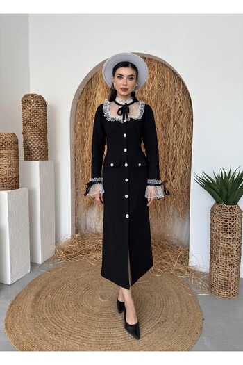 Julidress Φόρεμα Midi Length Premium Tweed με λεπτομέρεια από δαντέλα και κουμπιά