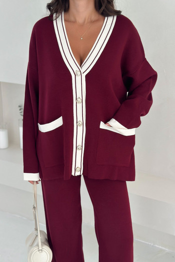 lovebox Knitwear Double Set - V-Neck Metal Button Detailed Cardigan and Trouser Set Stylish Design 002