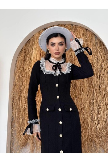Julidress Φόρεμα Midi Length Premium Tweed με λεπτομέρεια από δαντέλα και κουμπιά