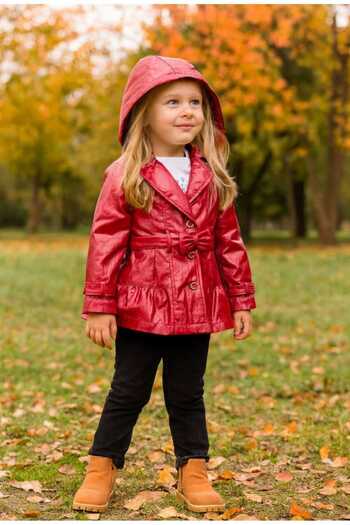 GAMZEAKKUŞ Lined, Hooded Jacket, Printed, Guipure Detailed Bodysuit, Velvet Pants, Belt 4-Piece Girl's Set
