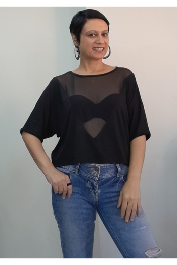 Mertcan Butik Black Lightweight Boat Neck Batwing Elbow Sleeve Black Tulle Detailed Combed Cotton Viscose T-Shirt