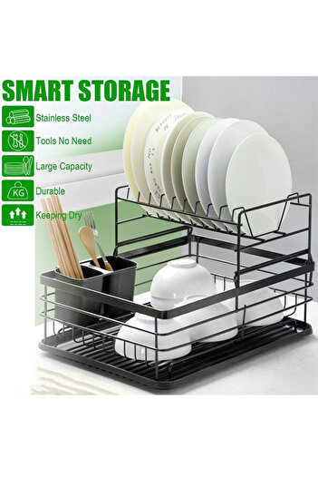 Fumes 2-Tier Dish Drying Rack with Cutlery Holder and Drain Board - Space Saving Kitchen Organizer