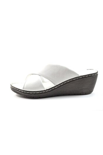 Beety 245 Genuine Leather White Anatomical Wedge Heeled Women's Slippers