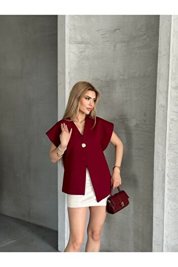 aytenli V-Neck Bat Sleeve Single Button Lined Asymmetric Cut Oversize Double Vest