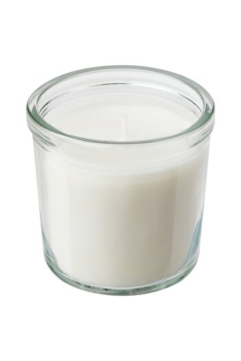 IKEA ADLAD Scented candle in glass, Scandinavian Woods/white, 20 hr
