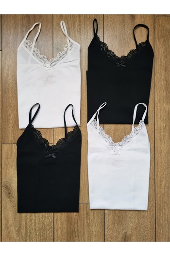 Demirsa Boutique Women's 4-Pack Lace Cotton Tank Top with Straps Black, White