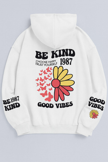 CLASSY.MODA Unisex Oversize 3-κλωνο φούτερ με κουκούλα 🌸 🦋 😊   Φούτερ με κουκούλα με σχέδια Be Kind Good Vibes σε άνετο στυλ