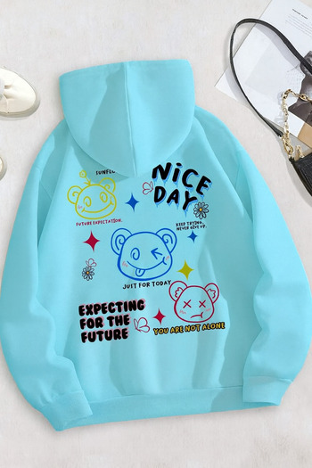 CLASSY.MODA Унисекс Oversize 3 İplik Hoodie 🧸🌟🌈 Nice Day Bear Desenli Kapüşonlu Sweatshirt Rahat Streetwear