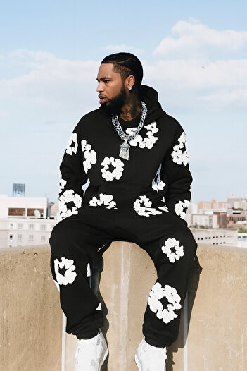 CLASSY.MODA Unisex Oversize 3-κλωνο αθλητικό σετ με ανάγλυφο λουλουδάτο μοτίβο με κουκούλα και φούτερ παντελόνι Streetwear