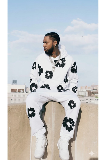 CLASSY.MODA Unisex Oversize 3-κλωνο αθλητικό σετ με ανάγλυφο λουλουδάτο μοτίβο με κουκούλα και φούτερ παντελόνι Streetwear