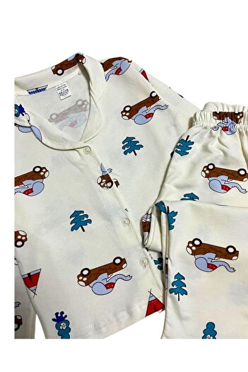 Fil Kids Boy's 100% Cotton Ecru Elephant Car Pattern Shirt Collar Buttoned Winter Pajama Set