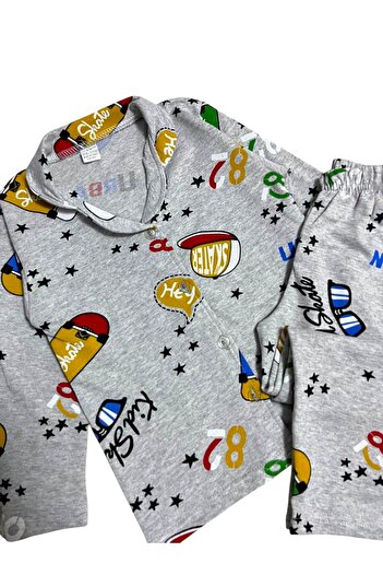Fil Kids Boy's 100% Cotton Gray Color Skateboard Hat Pattern Buttoned Winter Pajama Set
