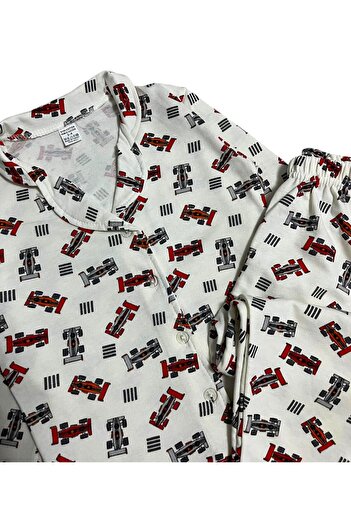 Fil Kids Boy's 100% Cotton Ecru Formula 1 Car Pattern Shirt Collar Buttoned Winter Pajama Set