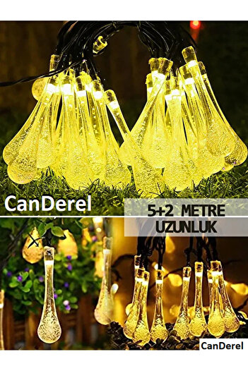 Canderel 50 Led 7 Metre Sarı Kristal Su Damlası Güneş Enerjili Led Işık Solar Bahçe Ağaç Lamba Aydınlatması