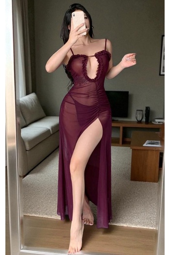 SİA LESS Women's Burgundy Transparent Strap Lycra Long Slit Dressing Gown and Women's Nightgown