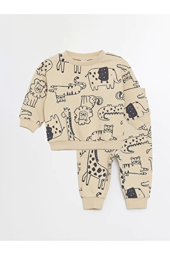 LC Waikiki Lcw Baby Beige Crew Neck Printed Long Sleeve Baby Boy Sweatshirt and Sweatpants Set of 2
