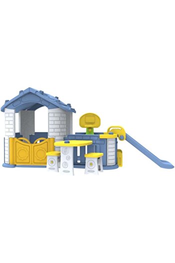 Generic Kids Outdoor Playhouse with Slide, Table and Chairs Set, Basketball Hoop, Blue and Yellow - CHD 808